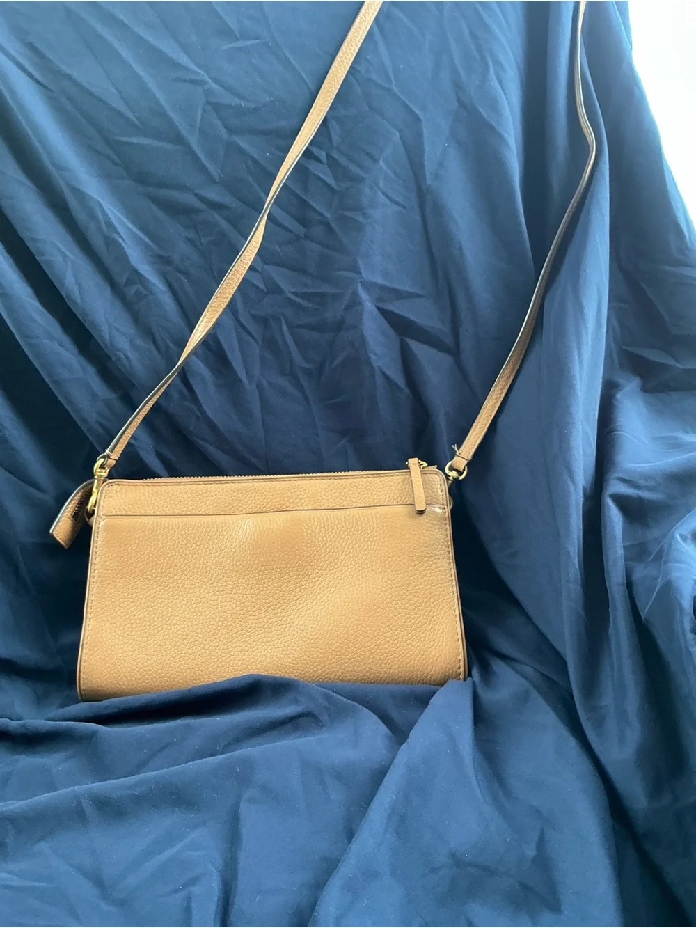 Tory Burch Beige/Tan Pebbled Leather Crossbody with Gold Logo